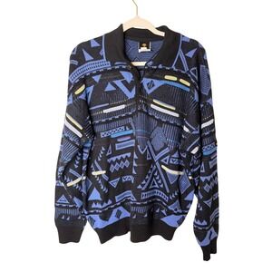 Vintage Descente Geometric Pullover Sweater Black & Blue Wool Blend Mens Large